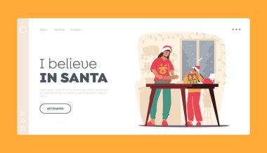 Anne ve Küçük Kız Noel Kurabiyeleri Pişiriyor Sayfa Şablonu. Mutlu Kadın ve Kız Noel Baba Şapkası Giyiyor