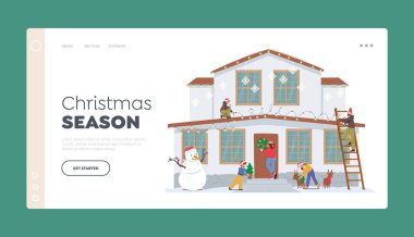 Noel Sezonu İniş Sayfa Şablonu. Kutlama için Mutlu Aile Dekorasyonu Evi. Ebeveynler ve çocuklar çelenk asar