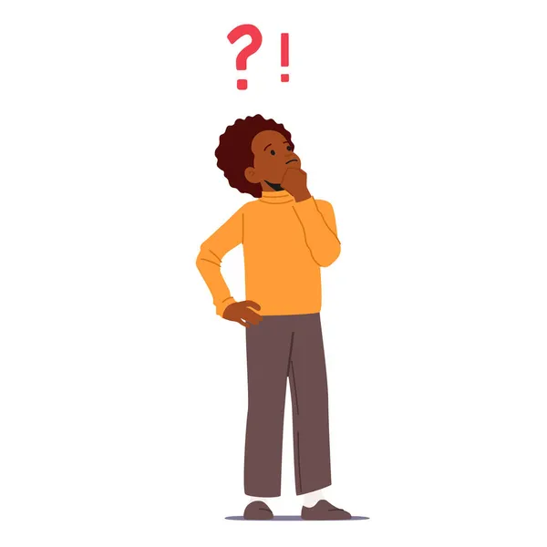Запутанное выражение вопросов африканского мальчика, запутанные вопросы любопытного ребенка, размышления, поиска ответа и решения — стоковый вектор