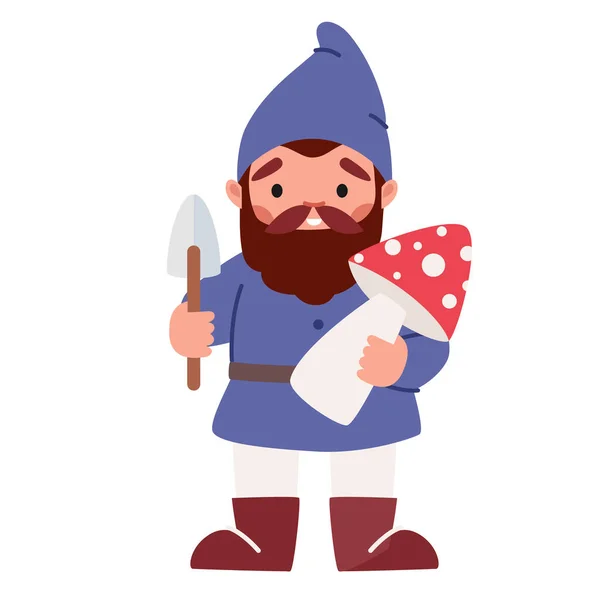 Funny Garden Dwarf Holding Mushroom and Spade in Hands (en inglés). Gnomo de cuento de hadas aislado sobre fondo blanco, elfo lindo, duende — Vector de stock