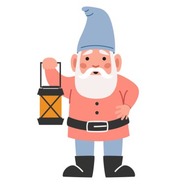 Beyaz arka planda izole edilmiş komik bahçe cücesi. Şirin Elf Karakteri, elinde fenerle mavi başlık takıyor. Tasarım Elemanı