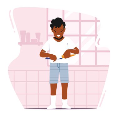 Çocuk Diş Bakımı Konsepti. Erkek karakter banyoda dişlerini fırçalıyor. Çocuk Diş fırçası Sabah veya Akşam Günlük Programı