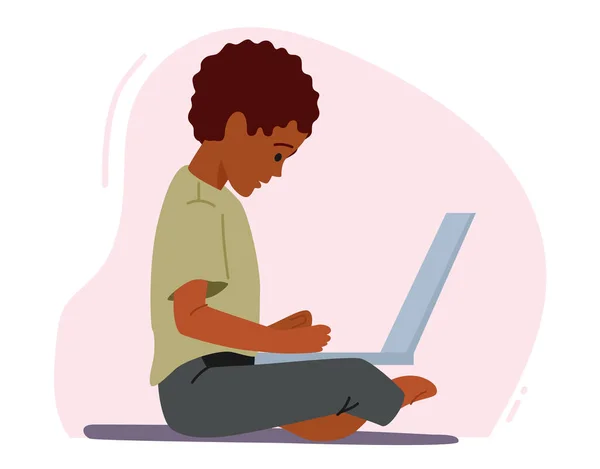 African Boy Sit with Laptop, Παίζοντας, Μαθαίνοντας Μαθήματα, Συνομιλία με Φίλους. Παιδί που χρησιμοποιεί Gadget, παιδί εξ αποστάσεως εκπαίδευση — Διανυσματικό Αρχείο