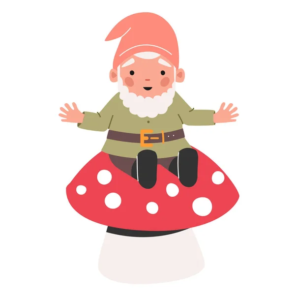 Funny Garden Gnome Sitting on Fly Agaric Mushroom. Fairy Tale Personage Isolated on White Background. Cute Elf Character — Stock Vector