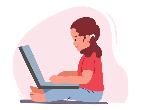 Dívka sedí na podlaze s notebookem Studium nebo chatování on-line s přítelem, přehrávání nebo sledovat filmy. Dítě pomocí Gadgetu — Stockový vektor
