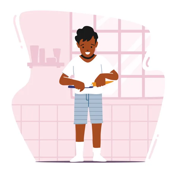 Çocuk Diş Bakımı Konsepti. Erkek karakter banyoda dişlerini fırçalıyor. Çocuk Diş fırçası Sabah veya Akşam Günlük Programı — Stok Vektör