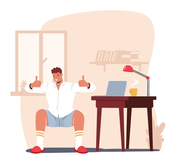 Freelancer o Office Worker Ejercicio en el lugar de trabajo. Hombre personaje haciendo ejercicio en el lugar de trabajo en cuclillas y estiramiento — Vector de stock