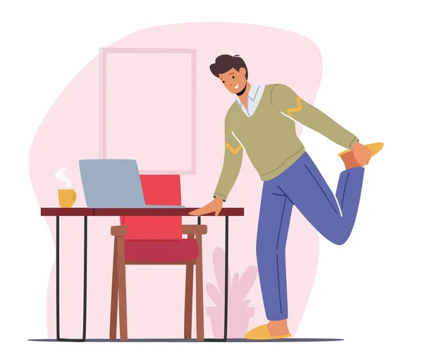 Werknemer oefenen op het werk tijdens het werk op Laptop in Office. Man karakter strekken benen bij de balie doen workout — Stockvector