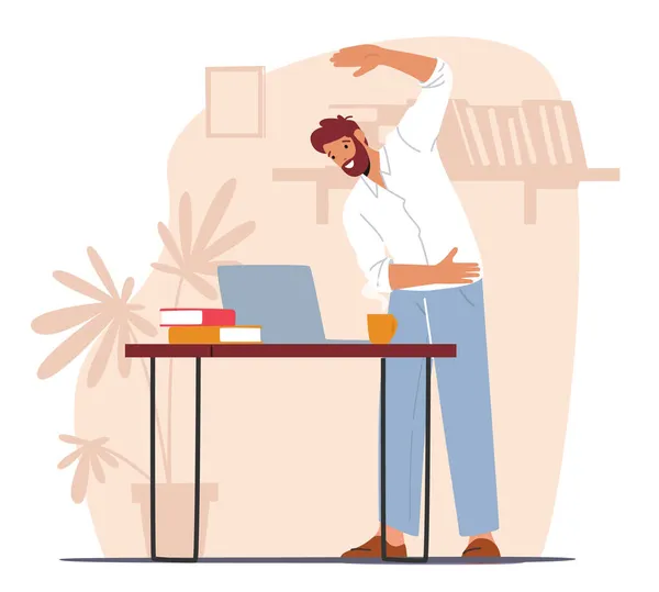 Ćwiczenia pracowników biurowych w miejscu pracy. Mężczyzna znaków Czy Trening w miejscu pracy rozciąganie ramion podczas pracy na laptopie — Wektor stockowy