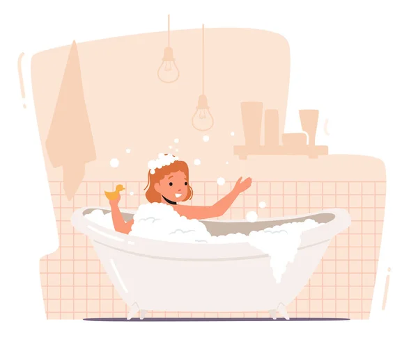 Little Baby Enjoying Bathing in Bathtub. Kid Character Evening Daily Routine. Child Washing in Bathroom with Toy Duck — Stock Vector