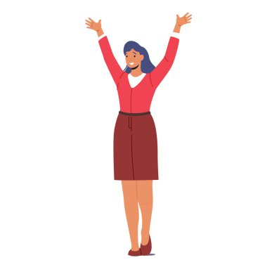 Mutlu Kadın Karakteri Dalgalanan Eller. Kadın merhaba de, başarıyı kutla, arkadaşı selamla, neşeli kız olumlu duygu.