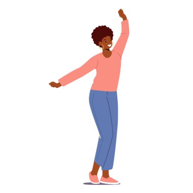 Mutlu Afrika Kadın Karakteri El sallıyor. Genç Olumlu Kadın Hareketi, Neşeli Kız Heyecanlı Duygusallığı