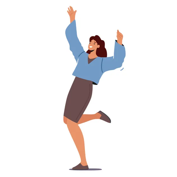 Mujer agitando las manos, salta o baila Celebra el éxito, la felicidad o la victoria. Personaje femenino con brazos levantados — Vector de stock