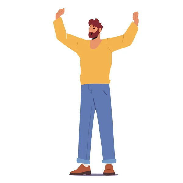 Personaje masculino feliz Celebra el éxito, la victoria, el ventilador deportivo o el hombre de negocios barbudo con ropa casual agitando las manos — Vector de stock