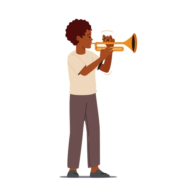 African Boy Tocando en Trompeta Realizar Concierto, Soplando Composición de Músico. Kid tocando Jazz, Música Entretenimiento — Vector de stock
