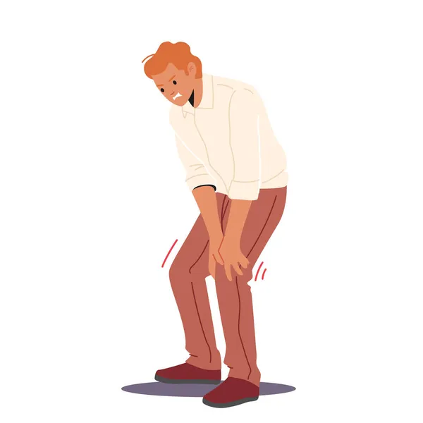 Ο άνθρωπος νιώθει δυνατό πόνο στο γόνατο. Αρσενικός χαρακτήρας Αγγίζοντας τα πόδια, πρόβλημα υγείας, συμπτώματα της νόσου και νοσηρότητα του σώματος — Διανυσματικό Αρχείο