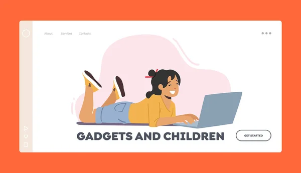 Kinder und Gadgets Landing Page Template. Glückliches Mädchen auf dem Boden liegend mit Laptop, mit Freund chatten oder Filme ansehen — Stockvektor