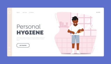 Kişisel Hijyen İniş Şablonu. Çocuk Diş Bakımı. Erkek karakter banyoda dişlerini fırçalıyor. Çocuk Diş fırçası