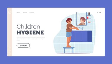 Çocuk Hijyen İniş Şablonu. Ellerini yıkayan küçük çocuk. Çocuk Karakteri Sabah veya Akşam Günlük Programı
