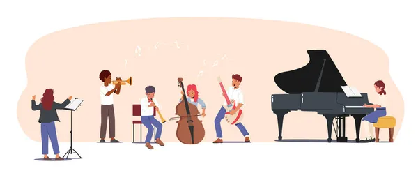 Children Training on Lesson in Music School or Performing on Philharmonic Stage. Étudiants avec divers instruments — Image vectorielle
