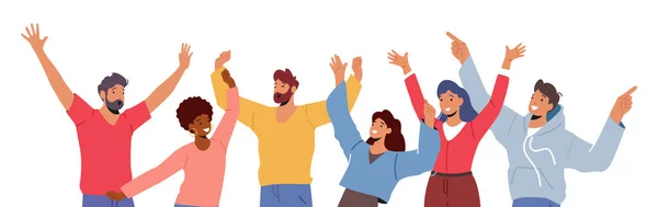 Multitud de personas felices levantando y agitando las manos celebran el éxito, personajes masculinos y femeninos jóvenes gestos positivos — Archivo Imágenes Vectoriales