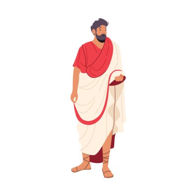 Geleneksel Giysiler İçinde Romalı Adam, Antik Roma Vatandaşı Kırmızı Beyaz Toga Giyen Erkek Karakter ve Sandals Tarihi Kostüm