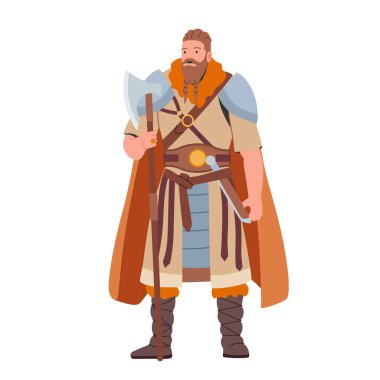 Viking, İskandinav Erkek Karakteri Tressed Sakallı, Pelerin Giyen, Kemerde Zırhlı Balta ve Hançer Tutan