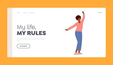 Neşeli Kız Heyecanlı Duygusal İniş Sayfa Şablonu. Mutlu Afrika Kadın Karakteri El sallıyor. Genç Pozitif Kadın