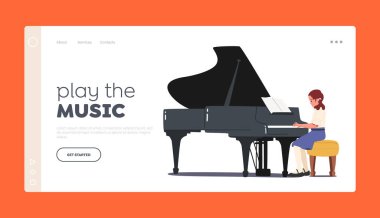 Sahne İniş Şablonunda Çocuk Sanatçısı. Küçük Kız Piyanist Karakteri Grand Piano 'da Müzik Çalıyor