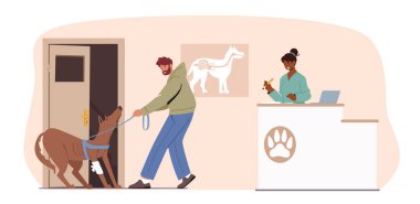 Köpek Ziyaret Veterineri Sahibi, Hastalıklı Köpeği Yönetici Kız Resepsiyonda Beklerken Salona Çekin