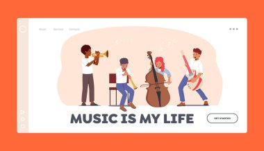 Çocuklar Müzik İniş Sayfası Şablonu Çalıyor. Çeşitli Enstrümanlı Öğrenciler Trompet, Çift Bas, Bason ve Gitar