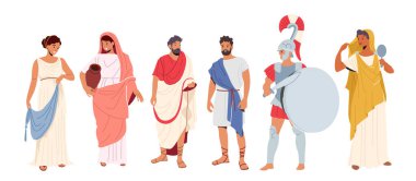 Roman People in Traditional Clothes, Ancient Rome Citizen Male and Female Character in Tunic and Sandals Costumes clipart