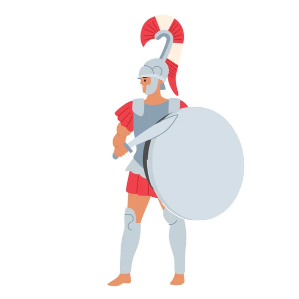 Soldado Legionario, Guerrero Romano Gladiador con Casco Sosteniendo Espada y Escudo Aislado sobre Fondo Blanco — Vector de stock