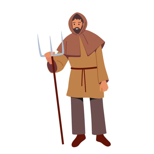 Mittelalterliche bäuerliche männliche Charaktere tragen Stoffkleidung mit Gabel isoliert auf weißem Hintergrund. Historischer Märchenschauspieler — Stockvektor