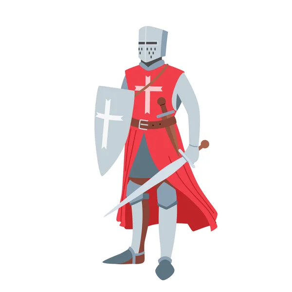 Mittelalterlicher Ritter Wappenfigur trägt Rüstung und Schwert Tapferer Krieger Kreuzritter isoliert auf weißem Hintergrund — Stockvektor