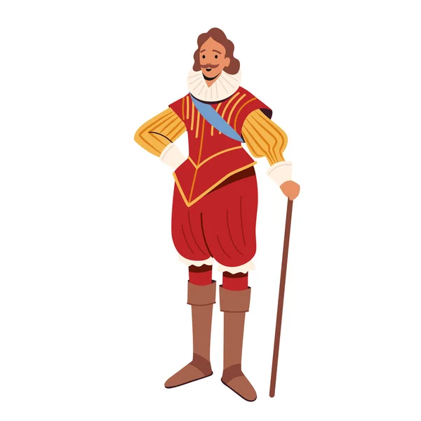 Middeleeuwse Heer, Karakter van de 16e eeuw, Koninklijke Middeleeuwen Personage Draag luxe kleding en wandelstok, aristocraat — Stockvector