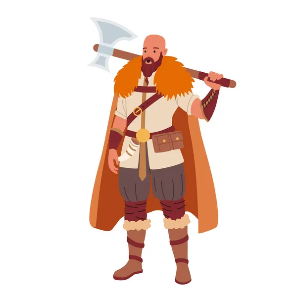 Viking, Personage of Nordic Legends. Personnage masculin guerrier scandinave avec barbe, Cape en fourrure, Hache d'armure — Image vectorielle