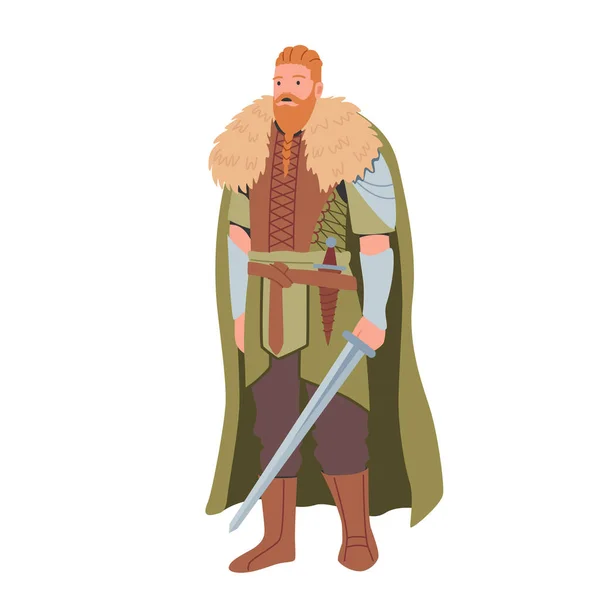 Carácter masculino vikingo con barba de jengibre vestida con piel, botas y cabo, mantenga la espada de la armadura aislada en blanco — Vector de stock