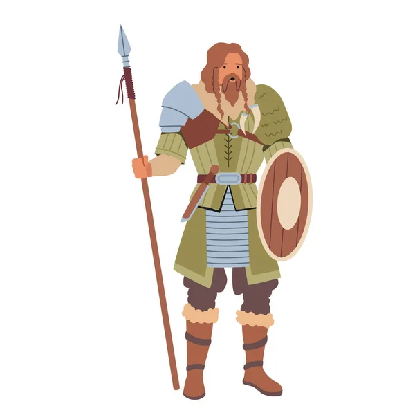 Carácter Vikingo Vestido con Escudo Escandinavo y Lanza. Héroe de la mitología nórdica, actor de cine jugando un papel — Vector de stock