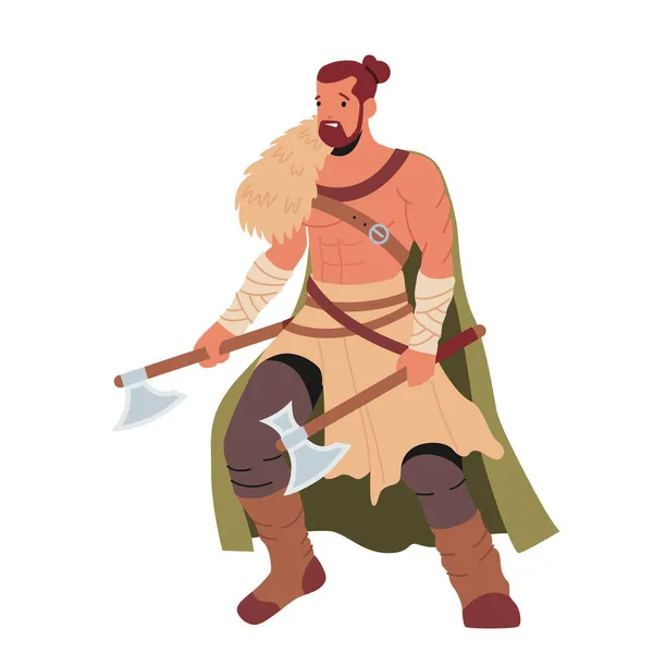 Wikinger mit nacktem Oberkörper und Kampfäxten, skandinavischer Krieger, bärtiger männlicher Charakter trägt Cape-Holding-Rüstung — Stockvektor