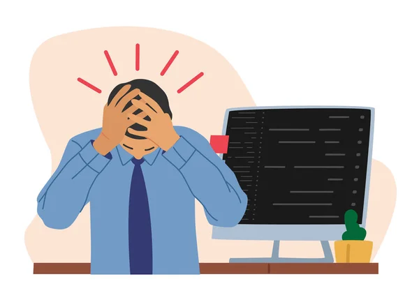 Empresario quemado en depresión sentarse en el escritorio de la oficina con dolor de cabeza y trabajo inacabado en la pantalla PC, trabajador estresado — Archivo Imágenes Vectoriales