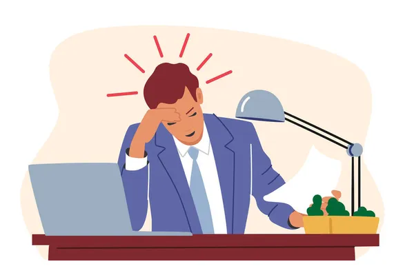 オフィスでの過負荷ストレス従業員とのストレス、期限切れの概念。過負荷混乱ビジネスマンはノートパソコンに座る — ストックベクタ