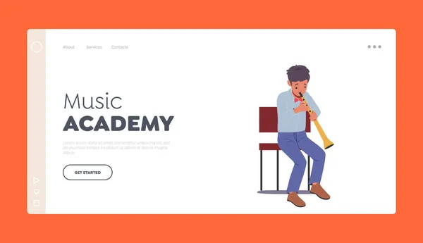 Šablona stránky přistávací plochy hudební akademie. Chlapec hrající fagot foukat skladbu hudebníka. Přehrávání podřízených znaků — Stockový vektor