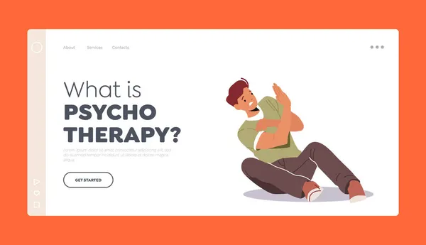 Psycho Therapy Landing Page Template. Angst, Panikattacke. Mann schützt sich vor etwas, bei dem die Hände auf dem Boden sitzen — Stockvektor