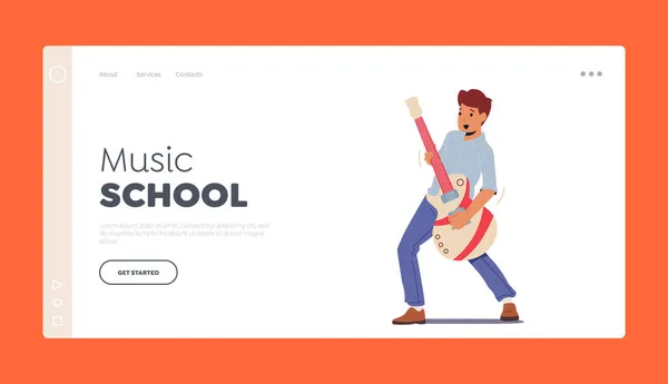 Πρότυπο σελίδας μουσικών σχολών. Αγόρι σολίστ μουσικός εξάσκηση παίζοντας ηλεκτρική κιθάρα κατά τη διάρκεια του μαθήματος μουσικής — Διανυσματικό Αρχείο