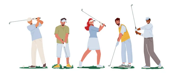 Set van mannen en vrouwen in de sport Uniform Holding Golf Club in de hand op speelbaan geïsoleerd op witte achtergrond — Stockvector