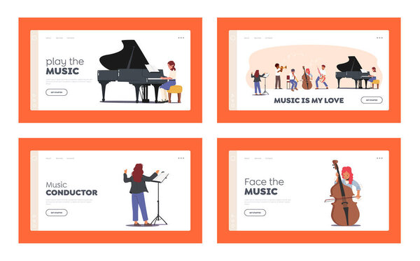 Children in Music School Landing Page Template Set. Kids Perform on Philharmonic Stage. Students with Instruments
