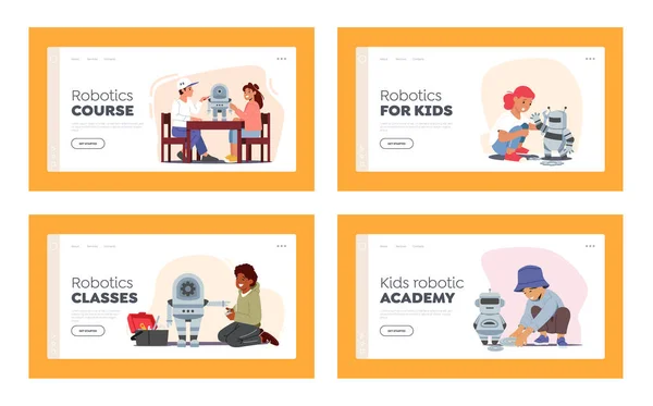 Набор шаблонов страниц для детских роботов-программистов. Инженерное дело для детей, наука для детей, наука для взрослых — стоковый вектор