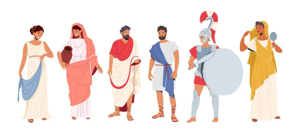 Roman People in Traditional Clothes, Ancient Rome Citizen Male and Female Character in Tunic and Sandals Costumes — Stock Vector