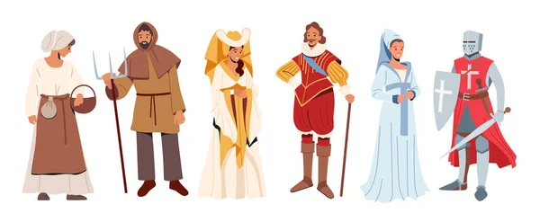 Conjunto de Personagens Históricos Medievais. Cavaleiro com Espada e Escudo, Camponês e Mulher, Senhor e Senhoras em Fantasias —  Vetores de Stock